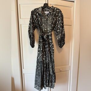 Sue Sartor Flounce Dress midi length Black and Off White Patterned Dress